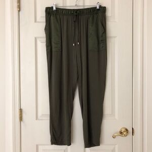 Ellos Drawstring Waist Rayon Pants Satin Details Dark Olive Green Size 18
